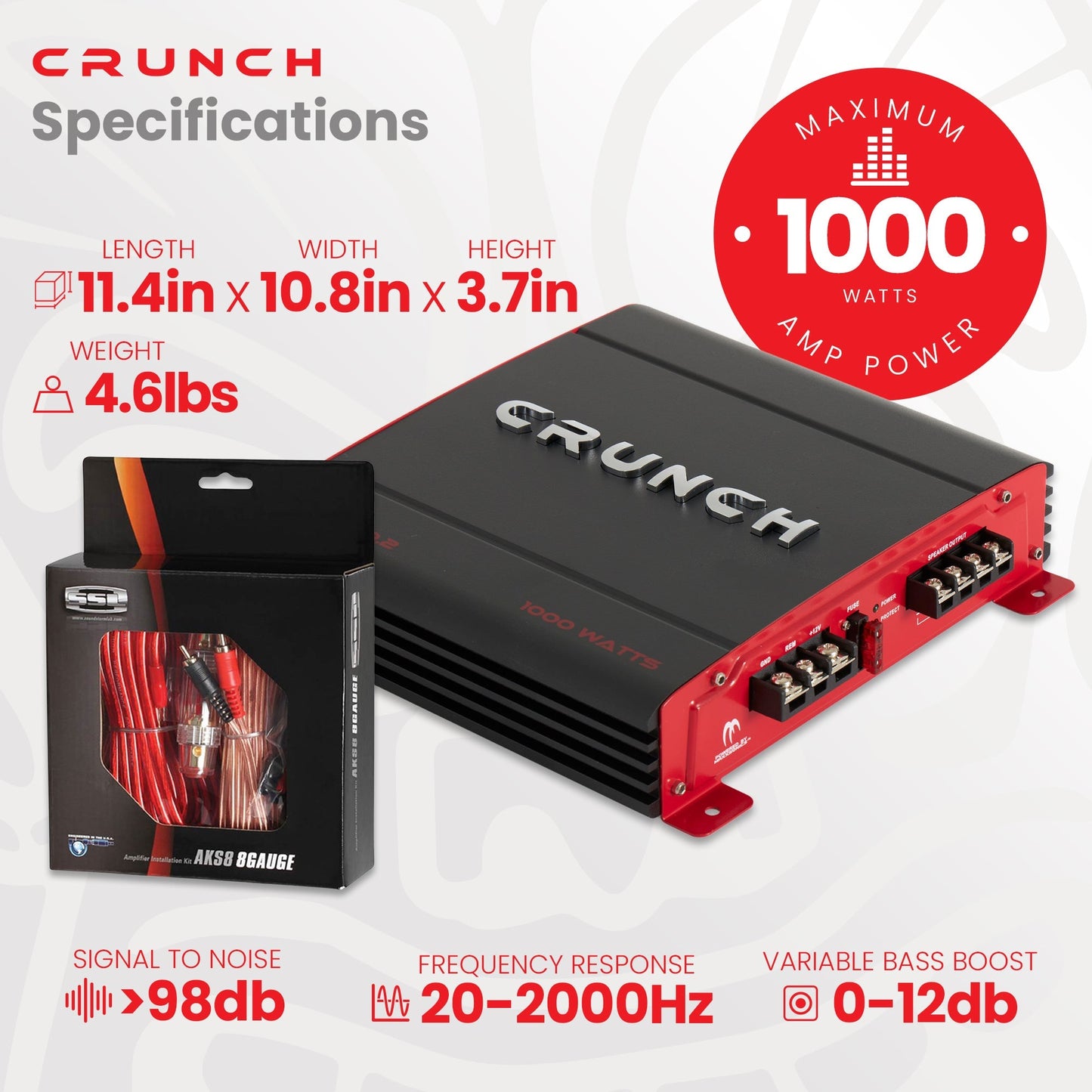 Crunch PX-1000.2 1000W Car Stereo Amp & Soundstorm AKS8 8 Gauge Amp Wiring Kit - Find Fresh Goods