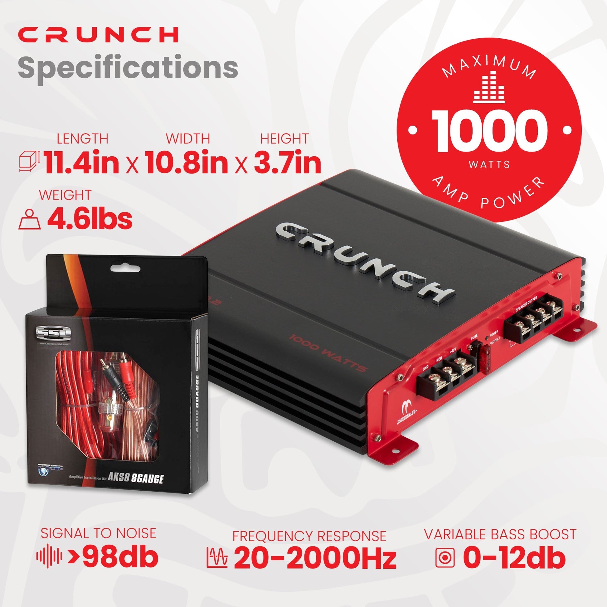 Crunch PX-1000.2 1000W Car Stereo Amp & Soundstorm AKS8 8 Gauge Amp Wiring Kit - Find Fresh Goods