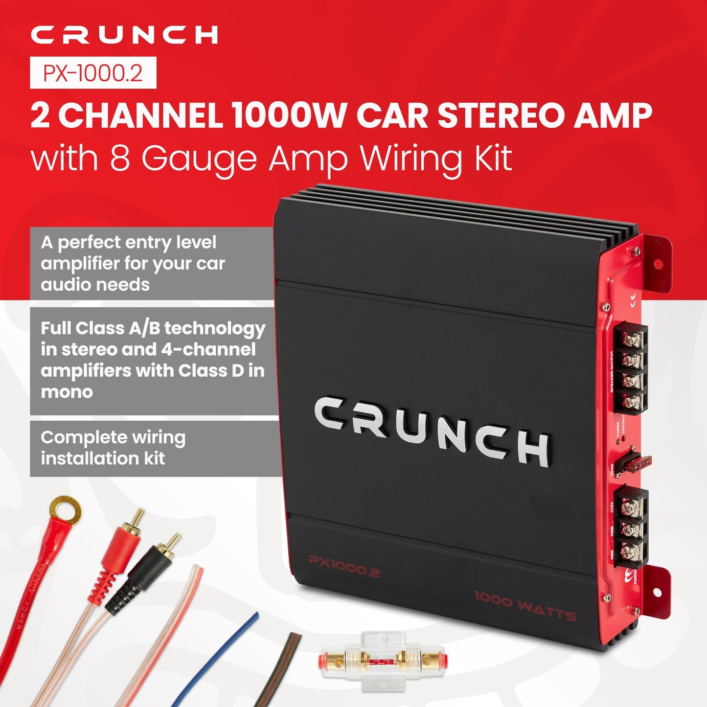 Crunch PX-1000.2 1000W Car Stereo Amp & Soundstorm AKS8 8 Gauge Amp Wiring Kit - Find Fresh Goods