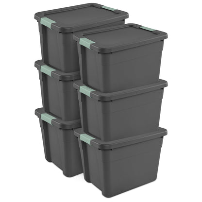 Sterilite 6Pk Latch Tote, Stackable Plastic Storage Container, 12Gal, Gray/Green