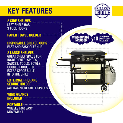 Griller's Choice Propane Gas Griddle with Hinged Hood, Wind Guards, Front Grease Management, 4 Shelves
