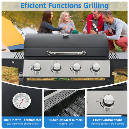 4-Burner Propane Gas Grill, 34,000 BTU Propane BBQ Grill with Thermometer, Bottle Opener, and Tool Hooks, Ideal for Patio Camping Outdoor Cooking