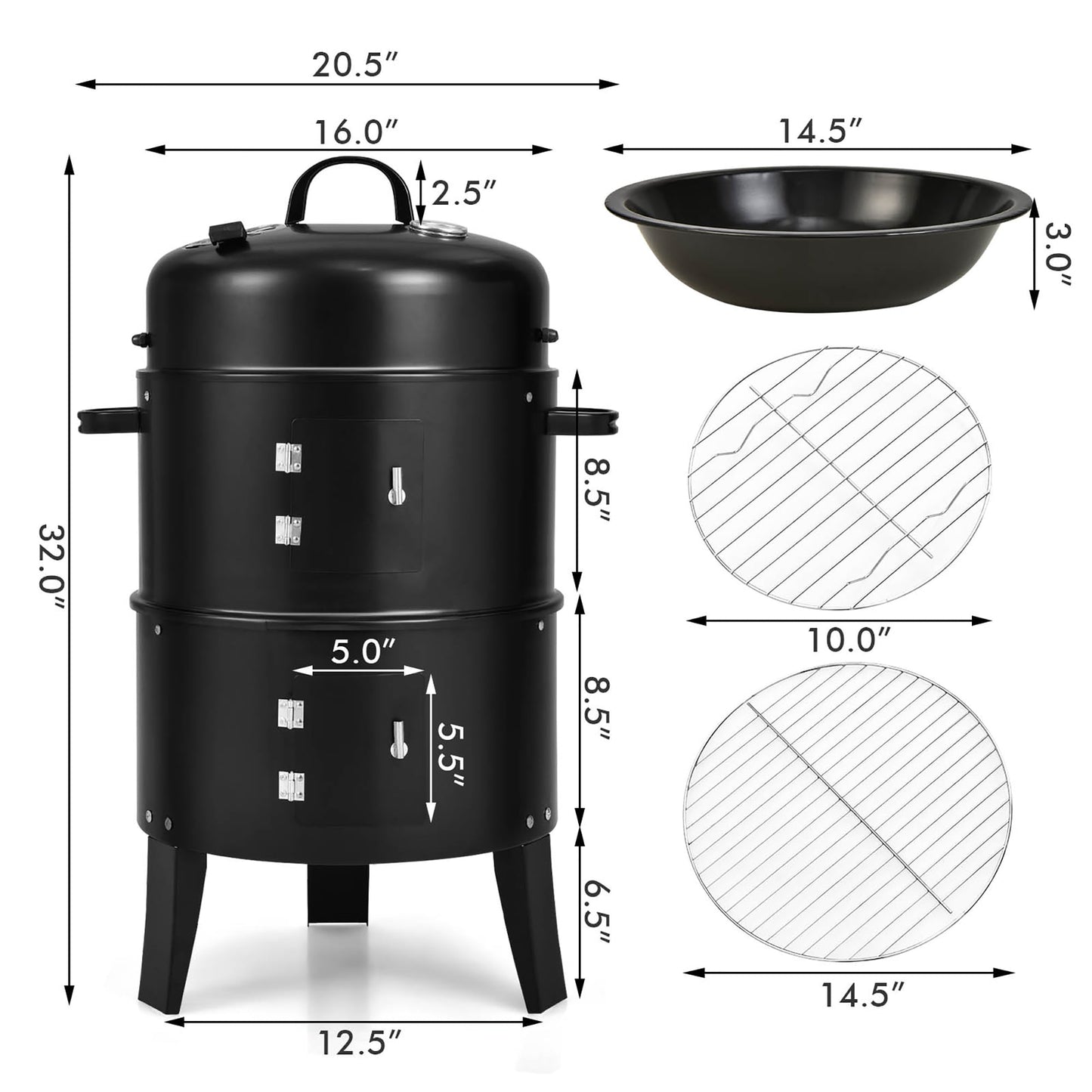 Costway3-in-1 Vertical Charcoal Smoker  Portable BBQ Smoker Grill with Detachable 2 Layer