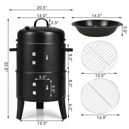 Costway3-in-1 Vertical Charcoal Smoker  Portable BBQ Smoker Grill with Detachable 2 Layer
