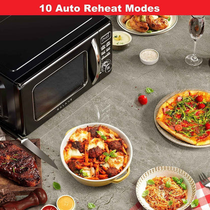 Galanz Retro Countertop Microwave Oven with Auto Cook & Reheat, Defrost, Quick Start Functions, Easy Clean with Glass Turntable, Pull Handle, .9 cu ft, Black