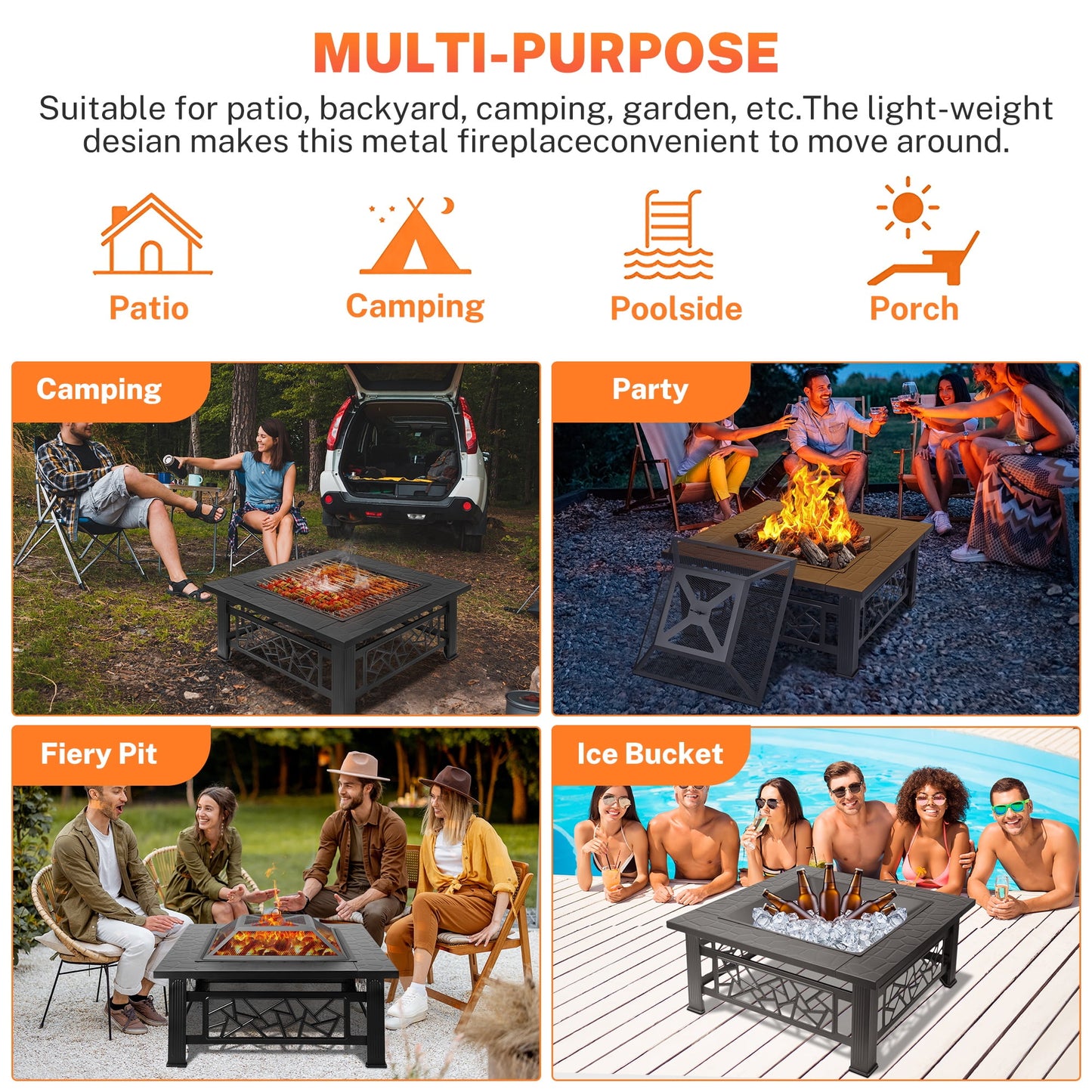 32" Fire Pits for Outside, Updated Segmart Outdoor Firepit with Fireplace Screen, Lid Square Wood Burning Fireplace Heater/Ice Pit for Camping, Outdoor Heating, Bonfire and Picnic, Black