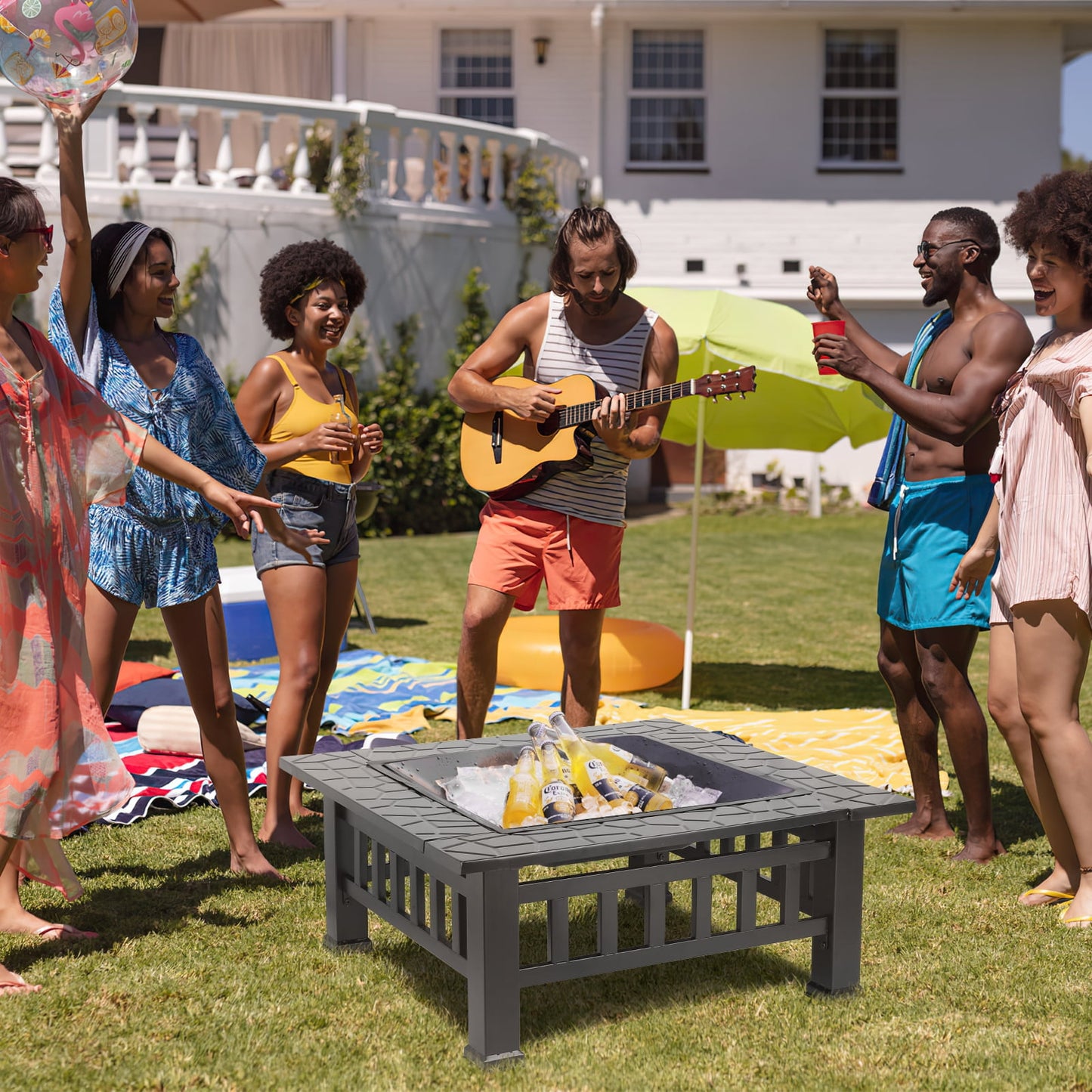 LAZY BUDDY Steel Fire Pits for Outside, 32'' Square Wood Burning Firepit Table with Mesh Lid, BBQ Net, Poker, and Cover for Outdoor Patio Backyard Bonfire Party