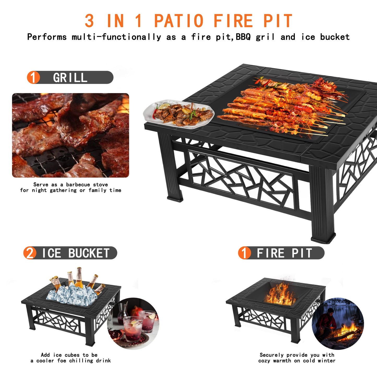 UHOMEPRO Fire Pit for Outside, 32" Square Fire Pit Table with BBQ Net, Mesh Lid, Poker and Cover, Wood Burning Outdoor Heating Fire Pit Stove for Patio, Backyard, Camping, Black