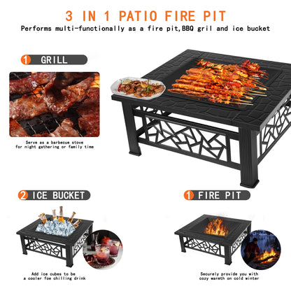 UHOMEPRO Fire Pit for Outside, 32" Square Fire Pit Table with BBQ Net, Mesh Lid, Poker and Cover, Wood Burning Outdoor Heating Fire Pit Stove for Patio, Backyard, Camping, Black