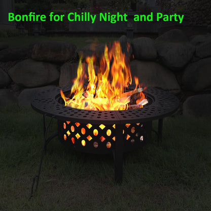 MistMo 36 inch Round Fire Pit for Outdoor Bonfire Multipurpose Wood Burning Metal Table for Patio
