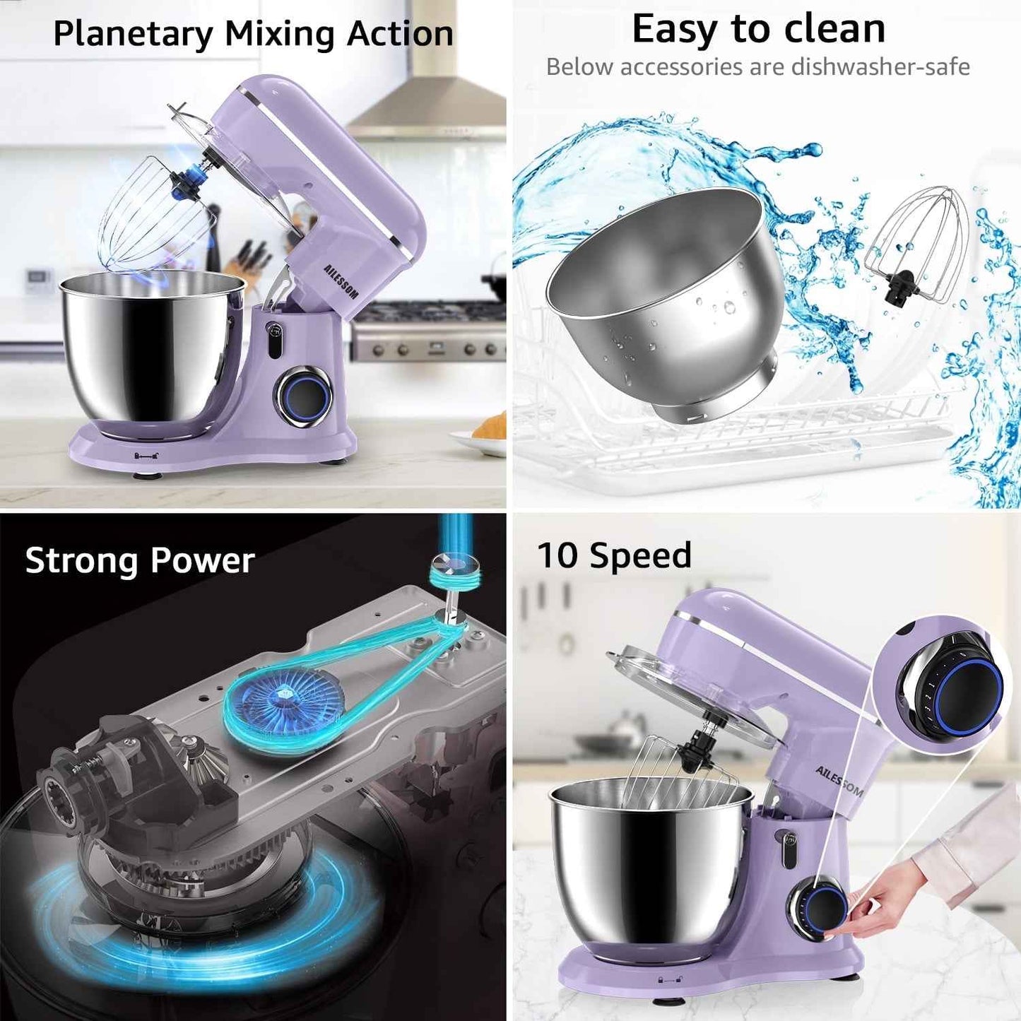 Ailessom New Stand Mixer,6.5-QT 10-Speed Tilt-Head Kitchen Electric Mixer with Bowl, Dough Hook, Beater, Whisk for Most Home Cooks, (Vine Purple）