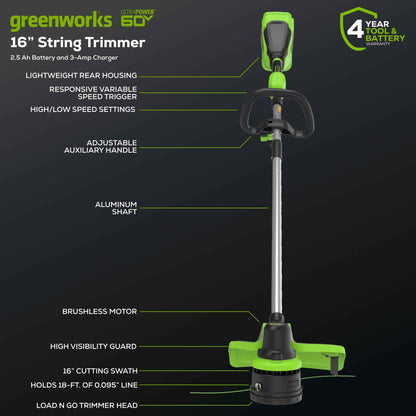 Greenworks 60V 16” Front Mount String Trimmer + 2.5Ah Battery & 3A Charger 2134302