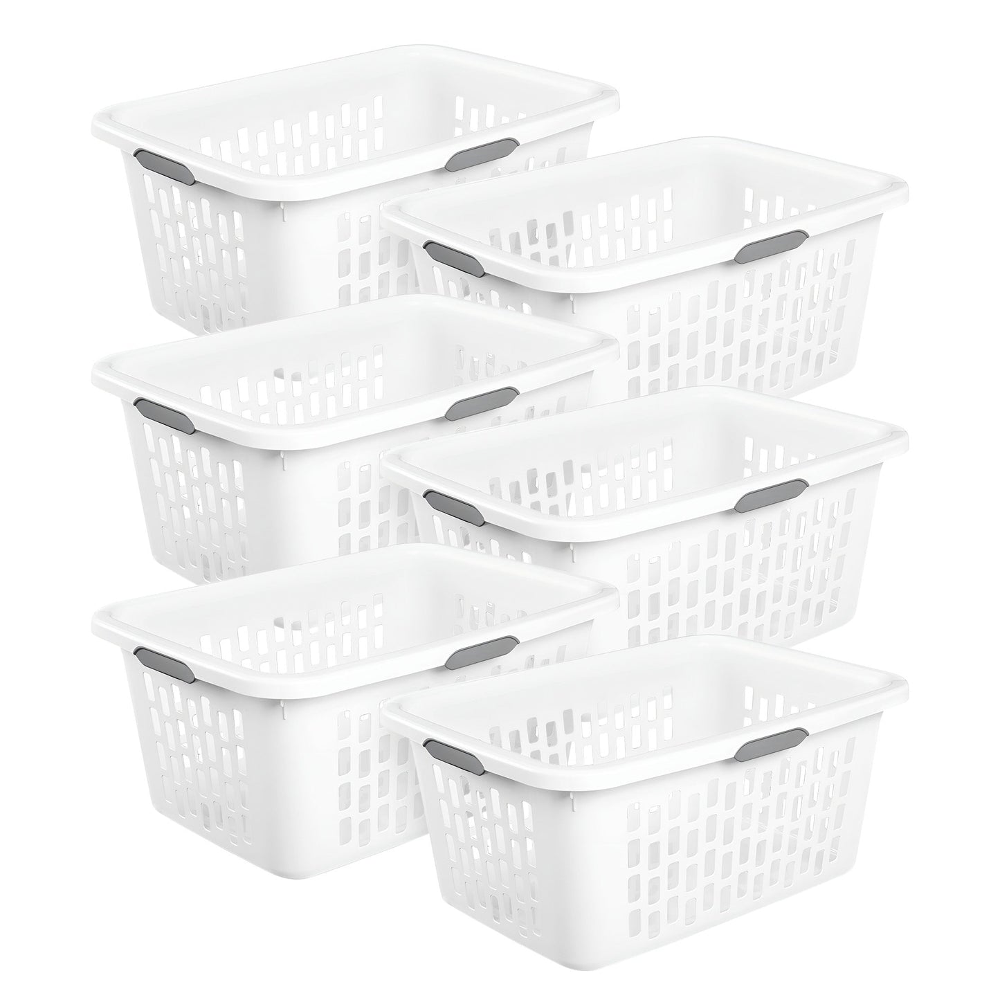 Sterilite Laundry Basket, 2 Bushel Plastic Hamper with Handles, White, 6 Pack