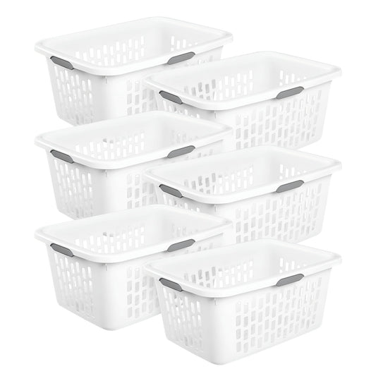 Sterilite Laundry Basket, 2 Bushel Plastic Hamper with Handles, White, 6 Pack