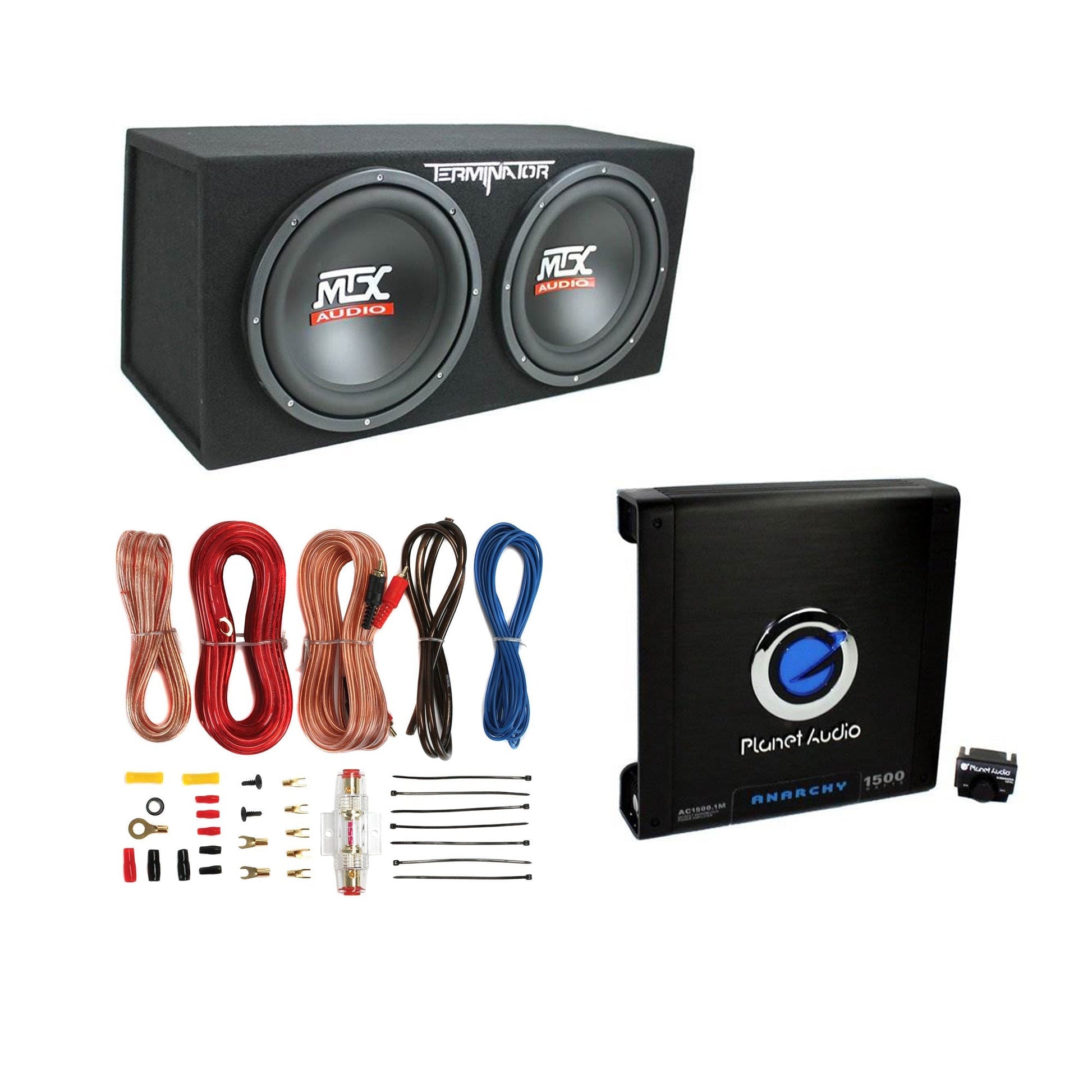 MTX 12" Dual Subwoofer Enclosure, Planet Audio Amplifier, 2 Soundstorm Wire Kits - Find Fresh Goods