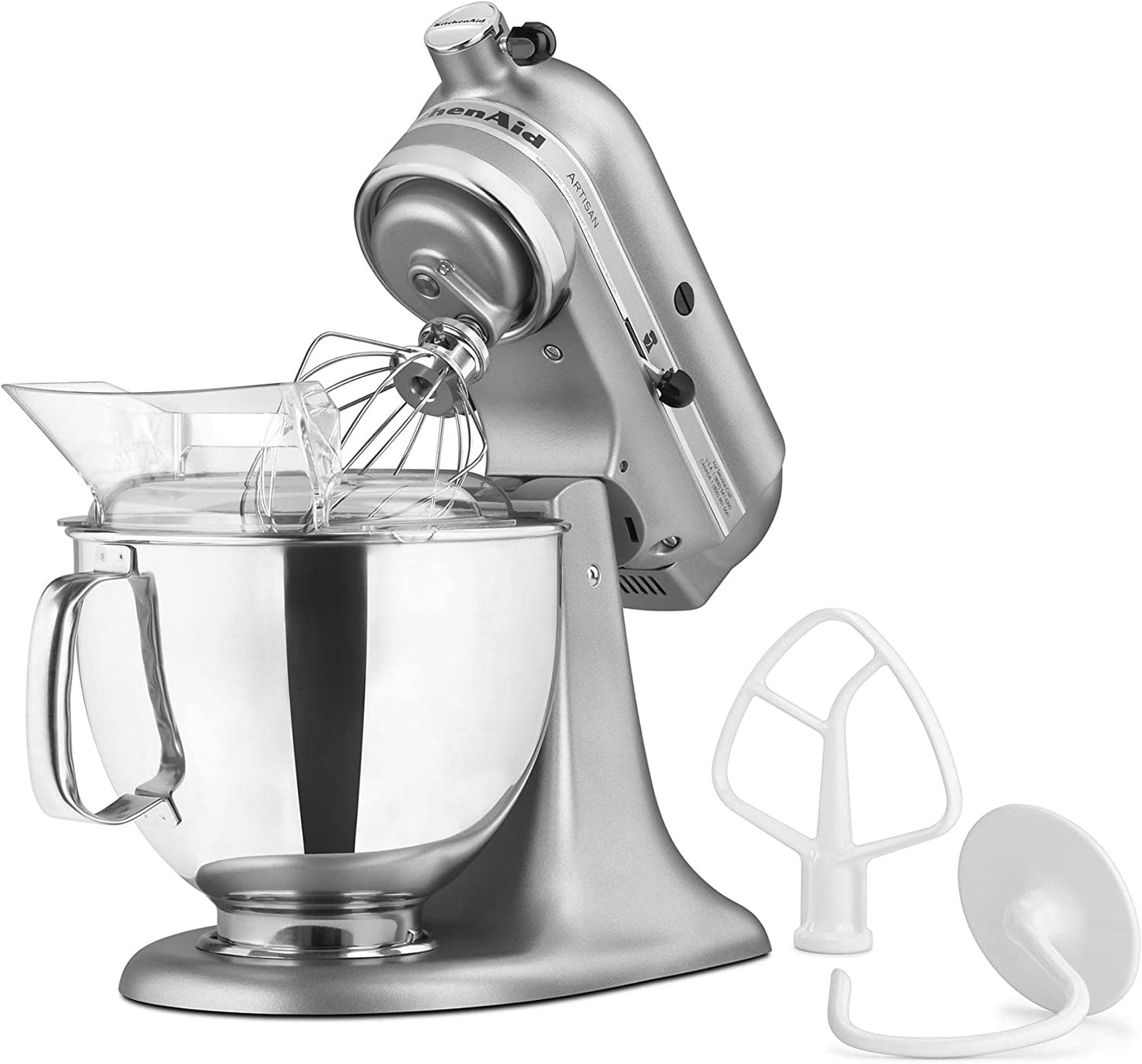 KitchenAid KSM150PSCU Artisan 5 Qt. 10-Speed Silver Stand Mixer with Flat Beater, 6-Wire Whip and Dough Hook Attachments