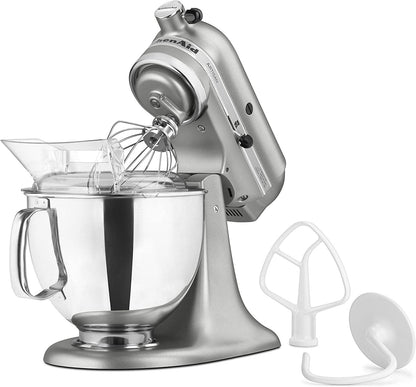 KitchenAid KSM150PSCU Artisan 5 Qt. 10-Speed Silver Stand Mixer with Flat Beater, 6-Wire Whip and Dough Hook Attachments