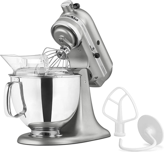 KitchenAid KSM150PSCU Artisan 5 Qt. 10-Speed Silver Stand Mixer with Flat Beater, 6-Wire Whip and Dough Hook Attachments