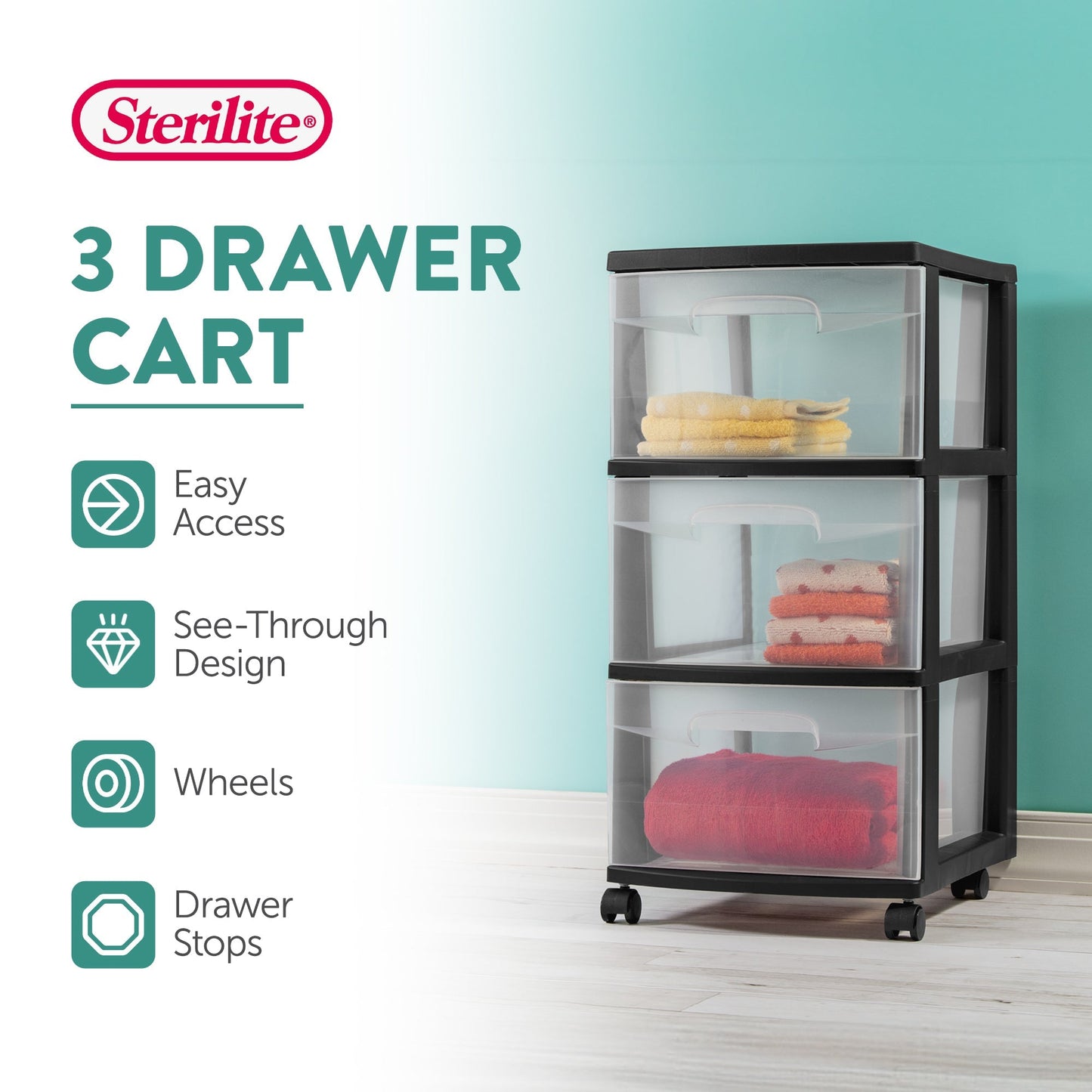 Sterilite 3-Drawer Plastic Rolling Storage Cart, Clear with Black Frame (2-Pack)