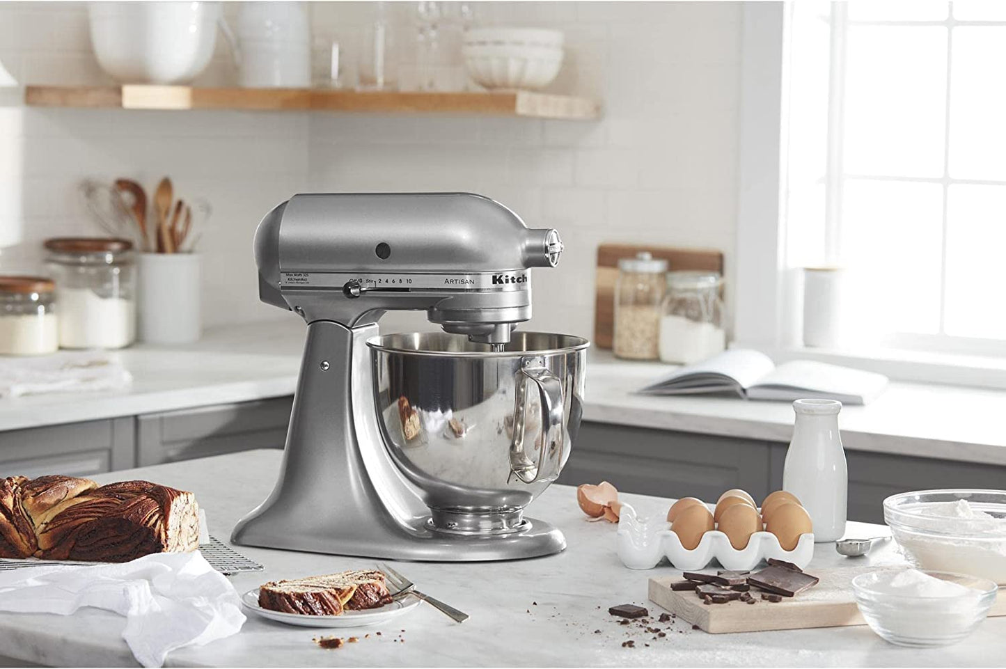 KitchenAid KSM150PSCU Artisan 5 Qt. 10-Speed Silver Stand Mixer with Flat Beater, 6-Wire Whip and Dough Hook Attachments