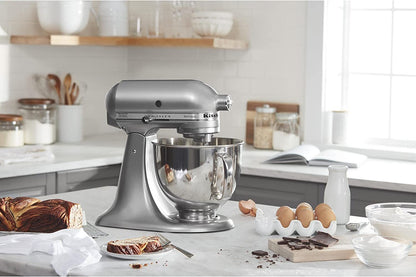 KitchenAid KSM150PSCU Artisan 5 Qt. 10-Speed Silver Stand Mixer with Flat Beater, 6-Wire Whip and Dough Hook Attachments