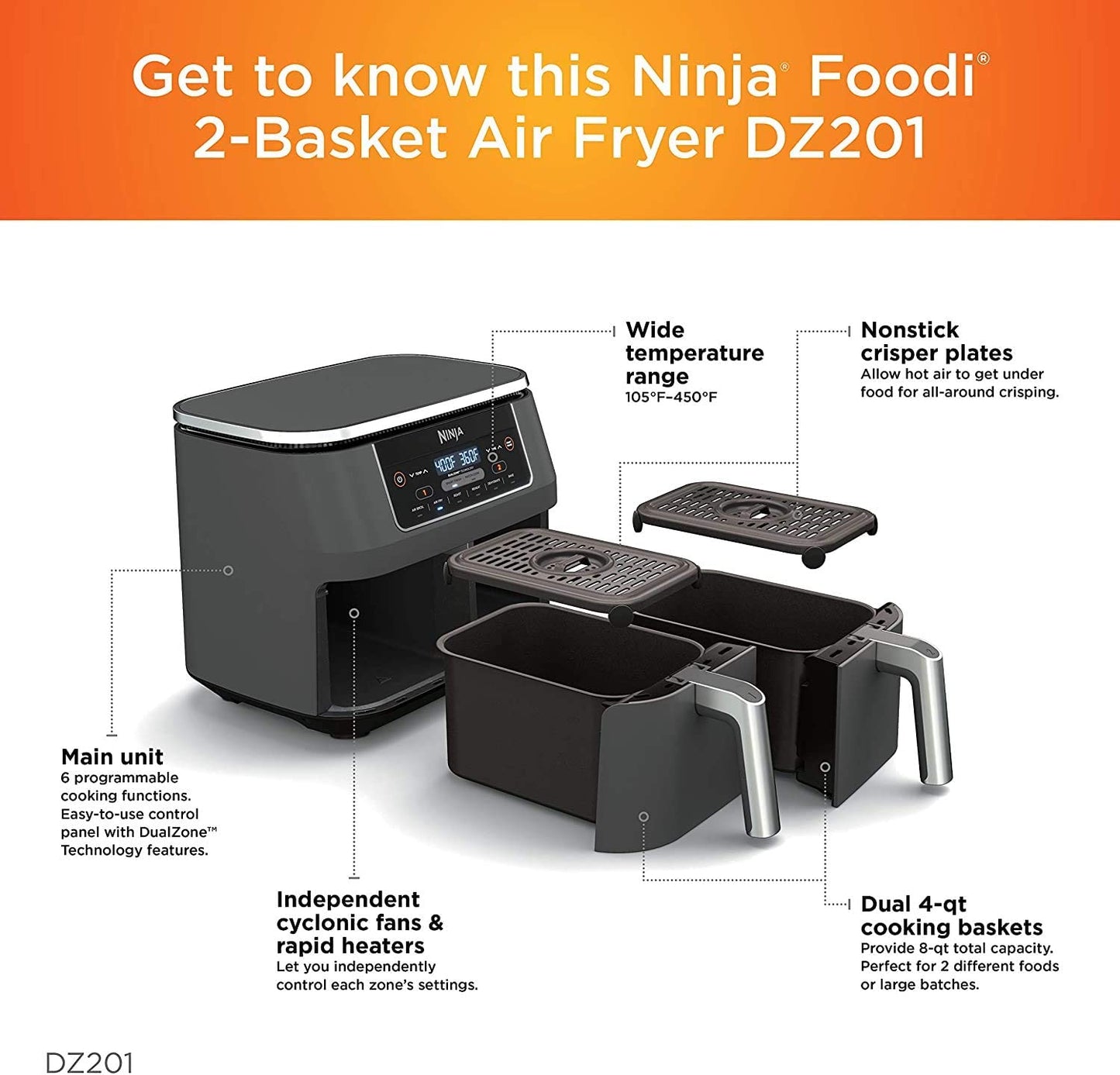Ninja DZ100 Foodi 4-in-1 8-qt. 2-Basket Air Fryer with DualZone Technology