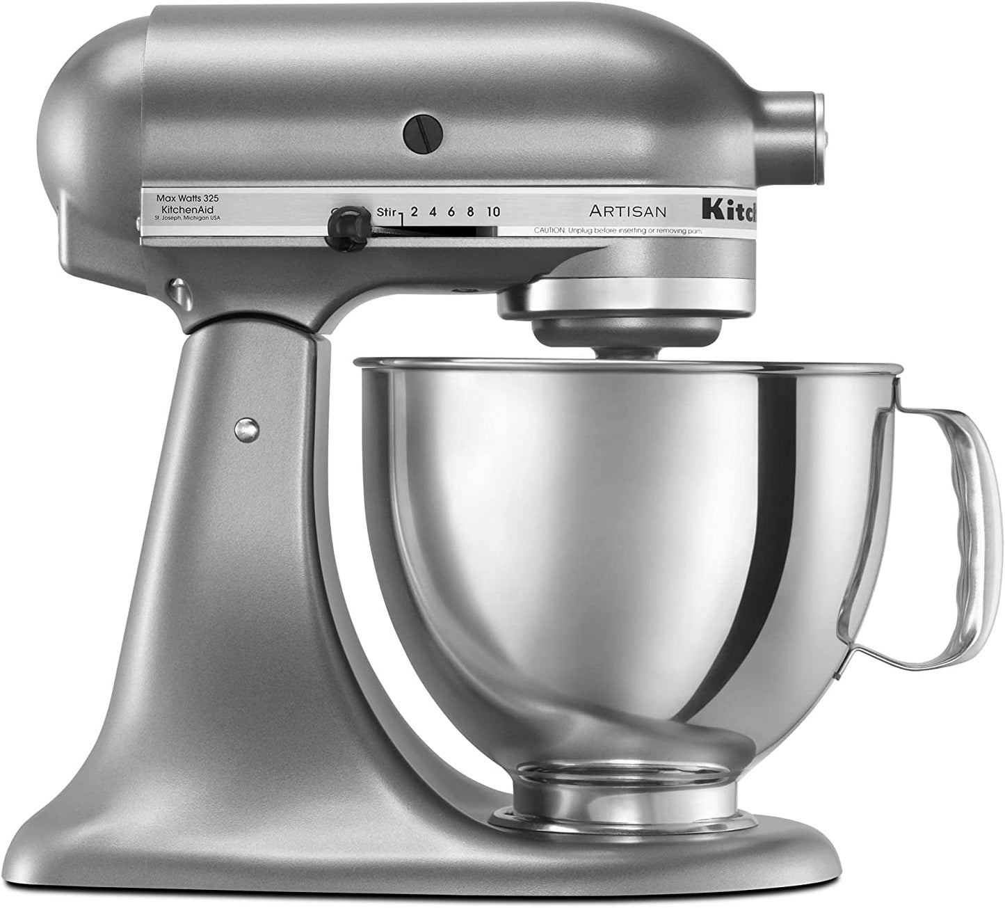 KitchenAid KSM150PSCU Artisan 5 Qt. 10-Speed Silver Stand Mixer with Flat Beater, 6-Wire Whip and Dough Hook Attachments