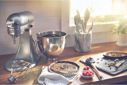 KitchenAid KSM150PSCU Artisan 5 Qt. 10-Speed Silver Stand Mixer with Flat Beater, 6-Wire Whip and Dough Hook Attachments