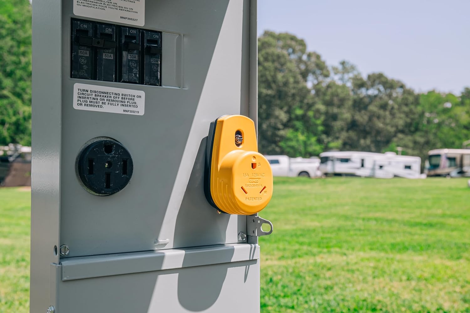 Camco 55225 Power Grip RV 125 Volt Two Plug 15 Amp to Single 30 Amp Adapter - Find Fresh Goods