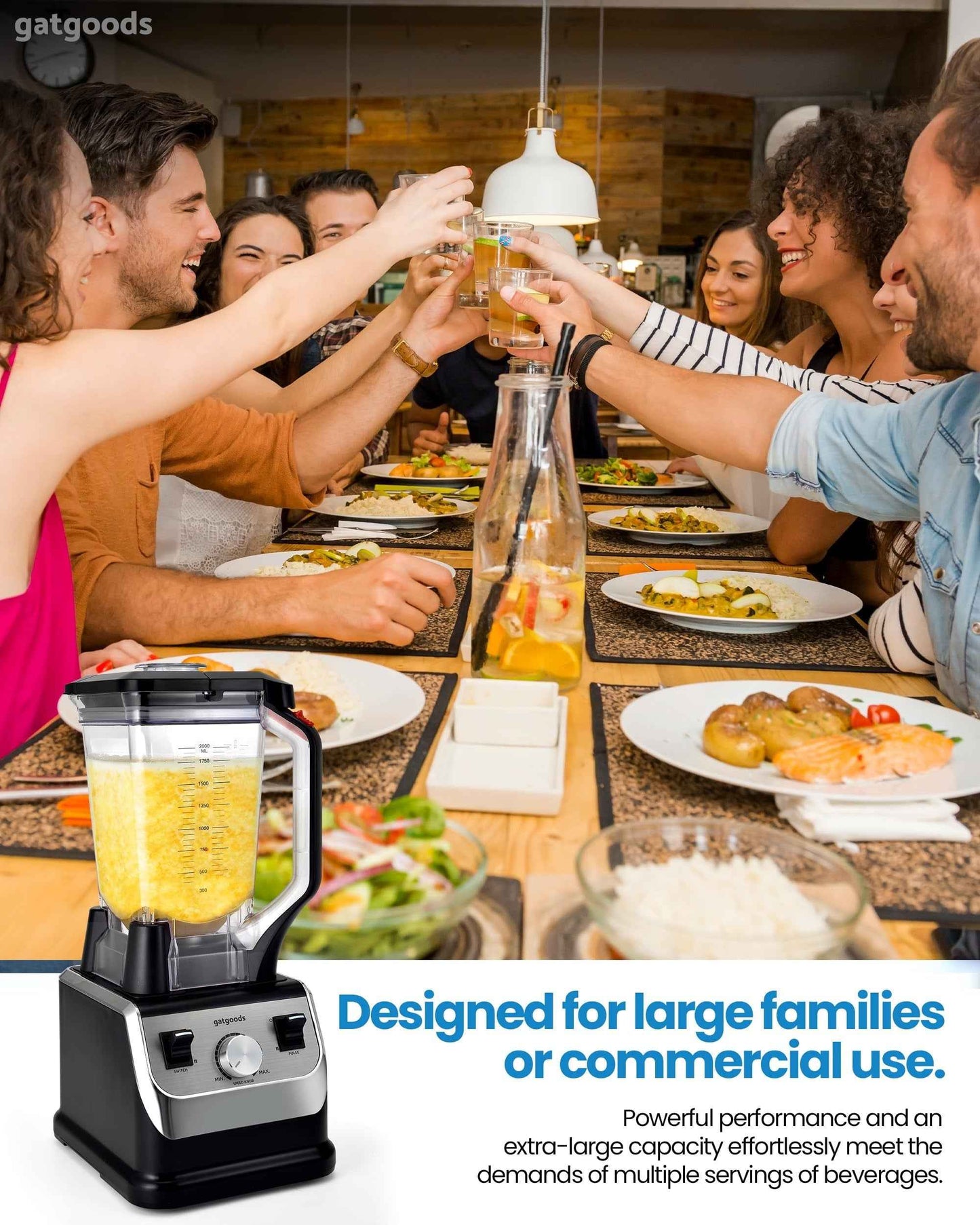 72 Oz Large Blender - 2200W Professional, High Speed Commercial Blender, Variable Speed, Self-Cleaning, Dishwasher Safe