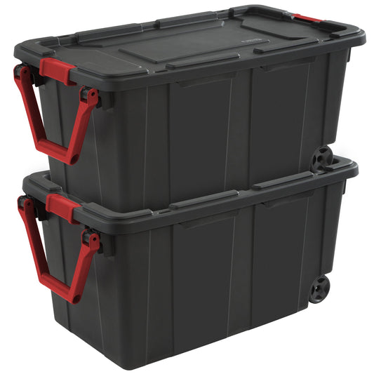 Sterilite 40 Gal Wheeled Industrial Tote Stackable Bin with Latch Lid, 2 Pack