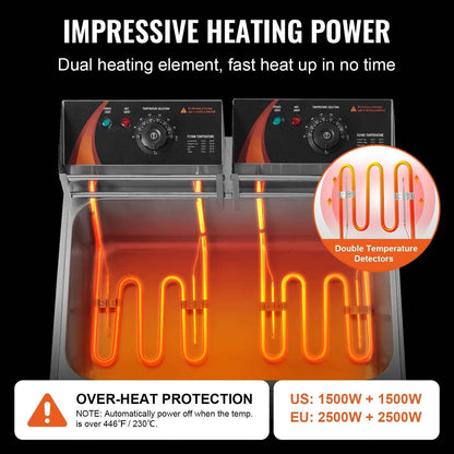 KFFKFF Electric Deep Fryer for Commercial Use, 3000W, with Triple Baskets, 18Qt/17L Capacity, Stainless Steel, Countertop Design, Ideal for Restaurants and Kitchens, Silver