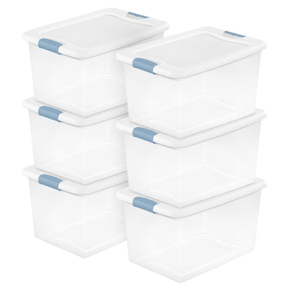 Sterilite 64 Qt Clear Plastic Stackable Storage Bin w/ White Latch Lid, (6 Pack)