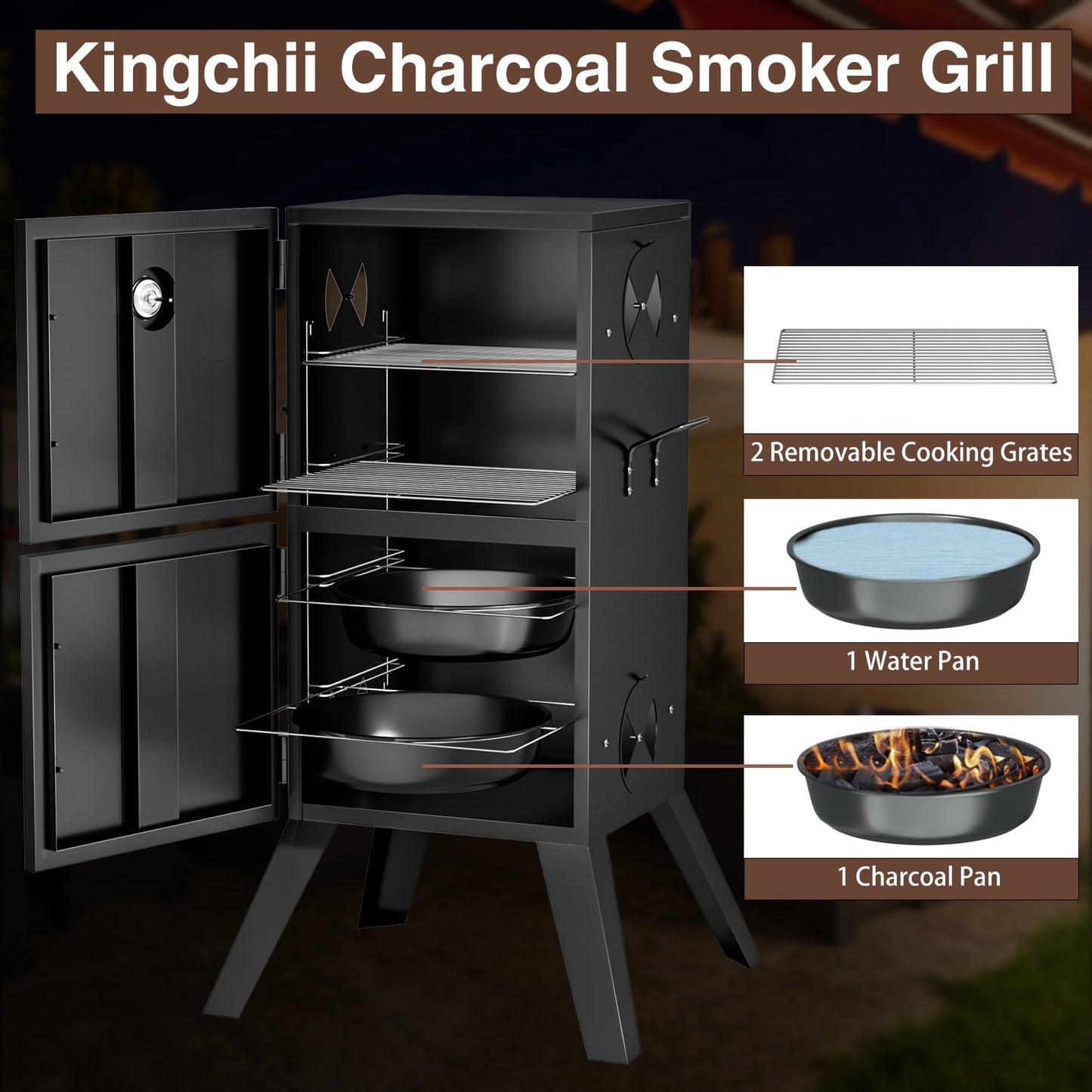 Kingchii Vertical Charcoal Smoker BBQ Grill with Built-in Thermometer, Portable Smoker for Backyard, Camping, Barbecue, and Outdoor Grilling