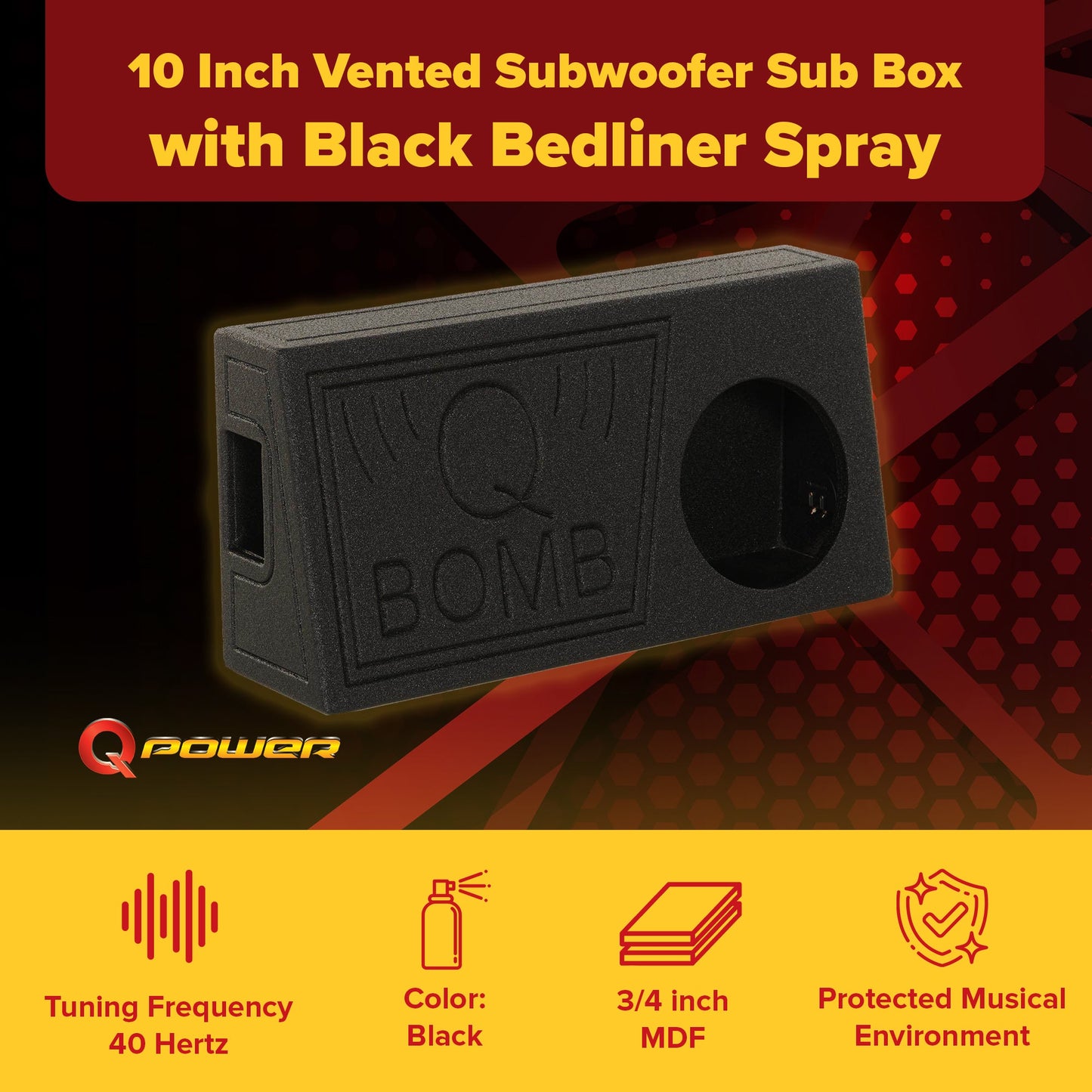 Q Power QBomb 10 Inch Single Vented Subwoofer Sub Box with Black Bedliner Spray - Find Fresh Goods