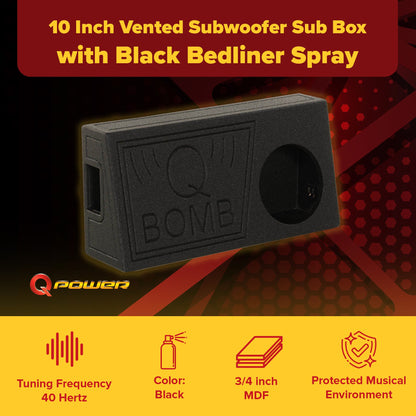 Q Power QBomb 10 Inch Single Vented Subwoofer Sub Box with Black Bedliner Spray - Find Fresh Goods