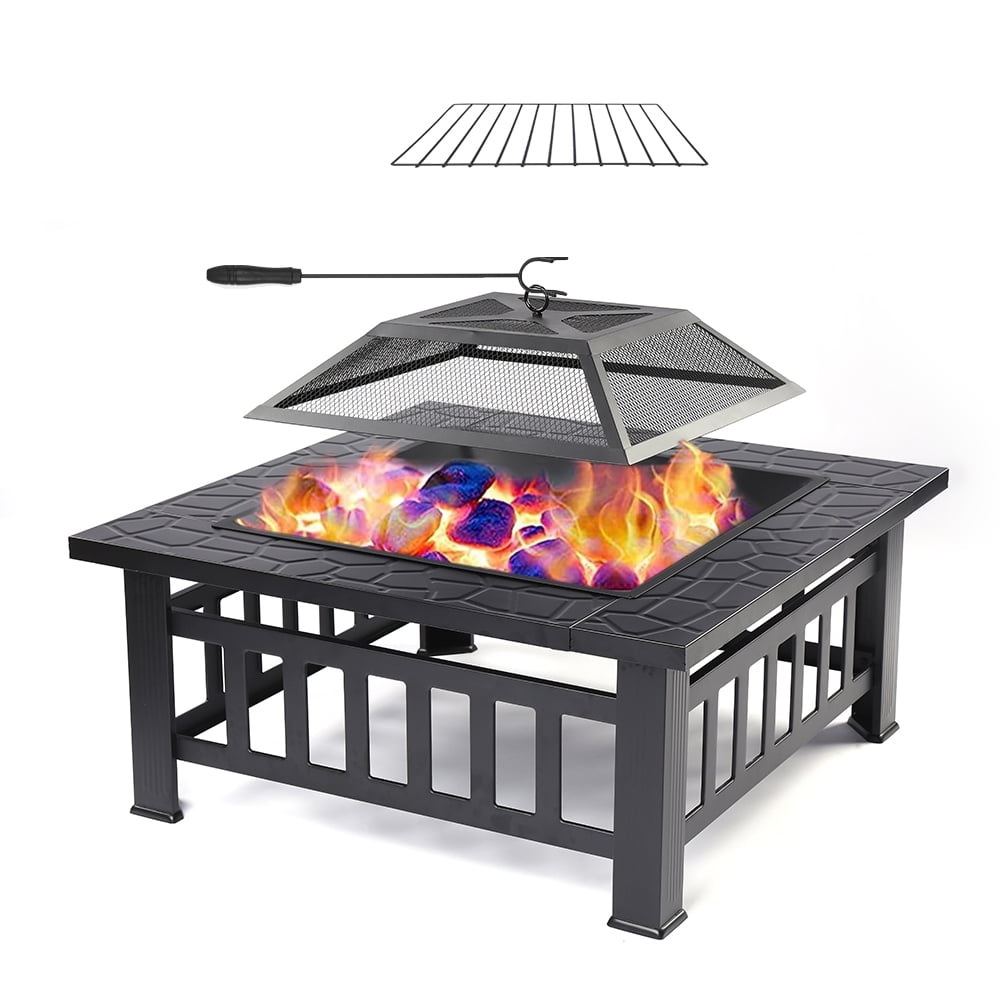 SEGMART Outdoor Fire Pit, 32" Square Metal Fire Pit Table with Spark Screen & Log Poker, Stove Wood Burning Fire Pit Bowl, Ideal for Yard Patio Beach Picnic Bonfire