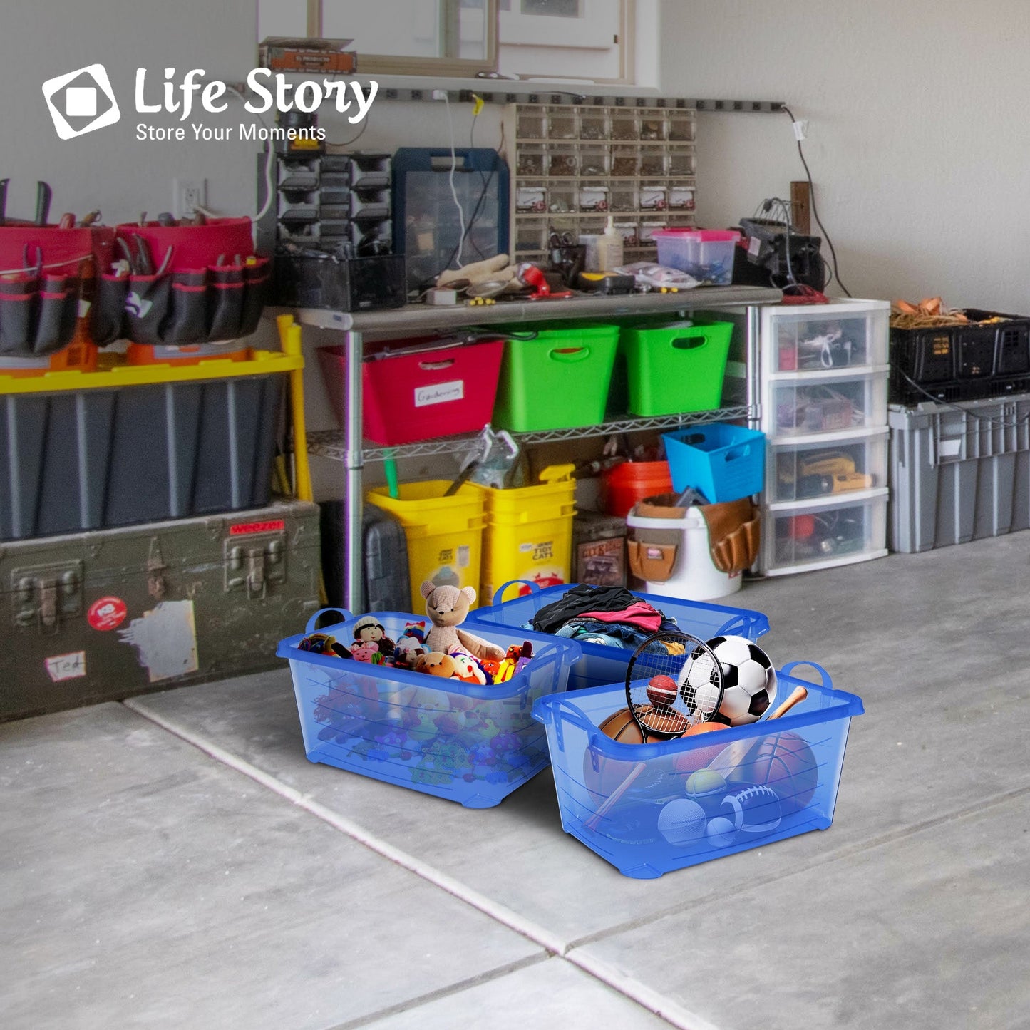 Life Story Blue 55 Quart Stackable Closet Storage Box Containers Totes (12 Pack)