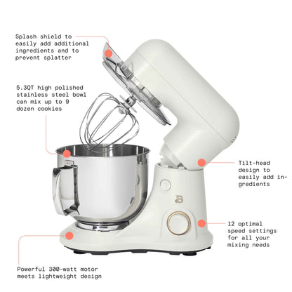 Beautiful 5.3 Qt Stand Mixer, White Icing with Flat Beater, Dough Hook, Balloon Whisk