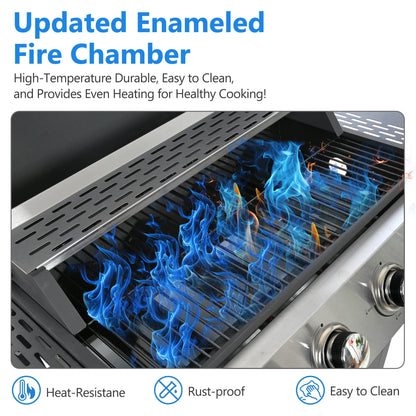 4-Burner Propane Gas Grill, 34,000 BTU Propane BBQ Grill with Thermometer, Bottle Opener, and Tool Hooks, Ideal for Patio Camping Outdoor Cooking