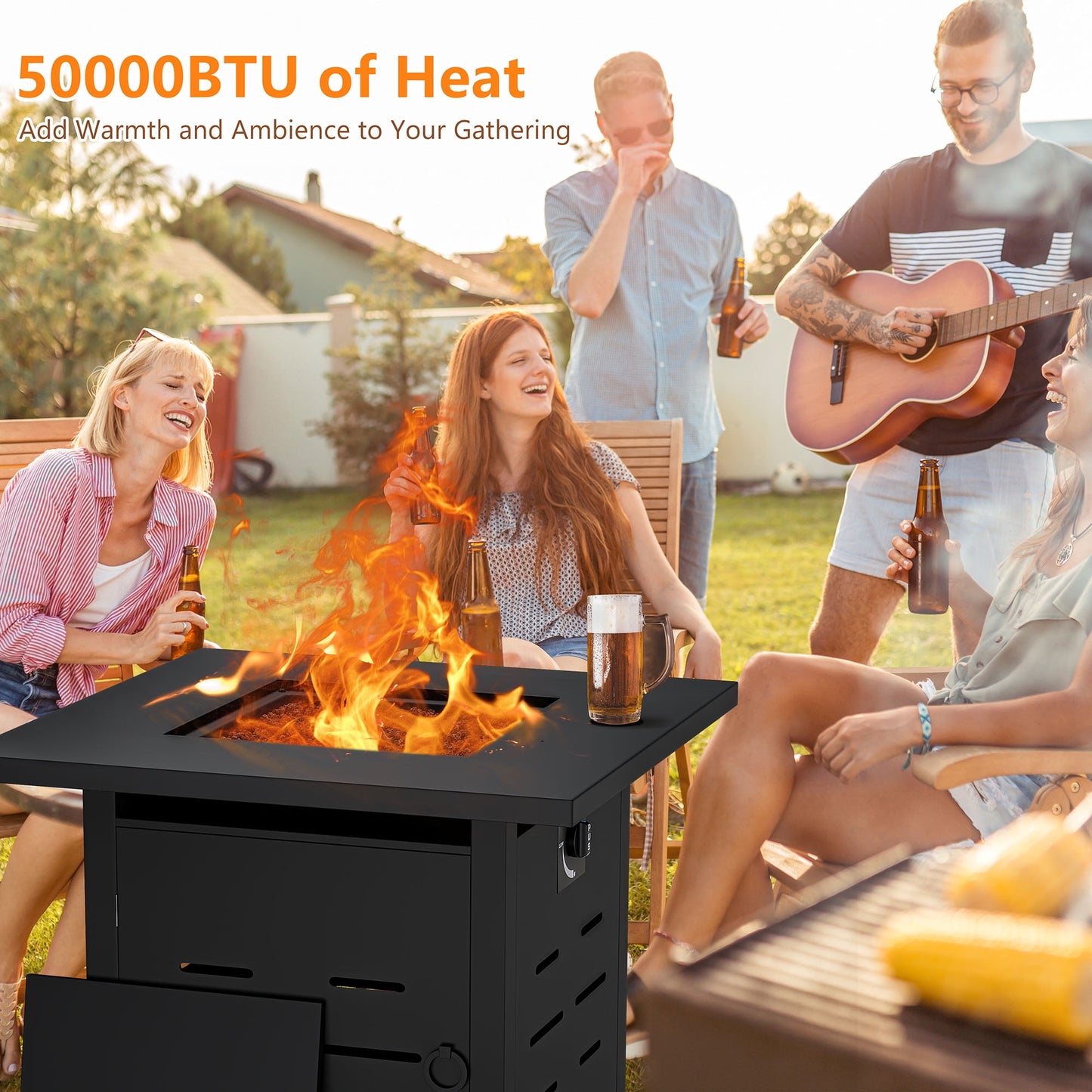 Walsunny 28 Inch Propane Gas Fire Pit Table 40000 BTU with Lid Square Firepit Table Lava Rock Fire Table with Waterproof Cover