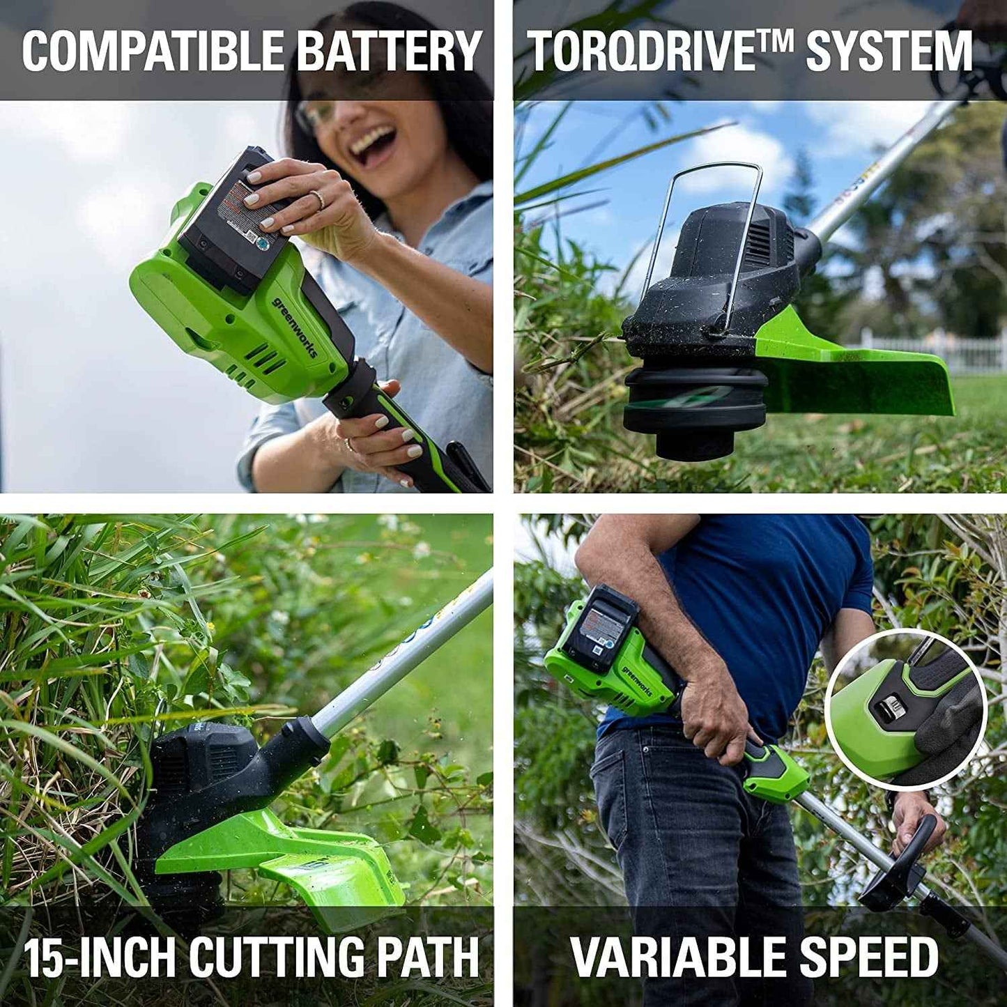 Greenworks 48V (2x24V) 15" Cordless String Trimmer + (2) 2Ah USB Batteries & Dual Port Rapid Charger