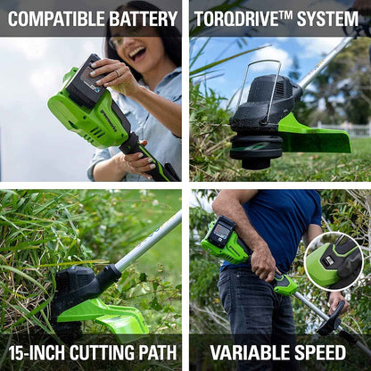 Greenworks 48V (2x24V) 15" Cordless String Trimmer + (2) 2Ah USB Batteries & Dual Port Rapid Charger