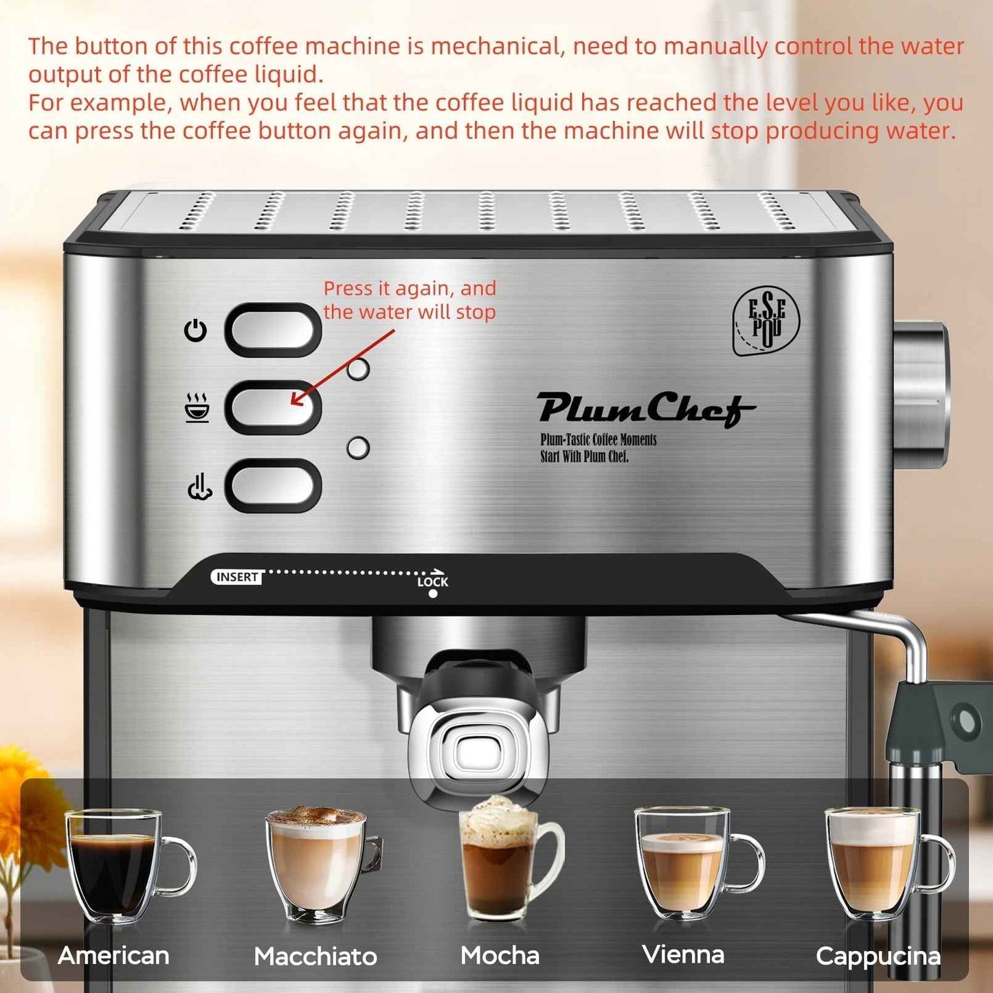 Plum Chef Espresso Machine, 20 Bar Coffee Maker with Foaming Milk Frother Wand, Espresso & Cappuccino Latte Maker Coffee Machine, 850W, 1.6L Removable Water Tank, Black&Silver
