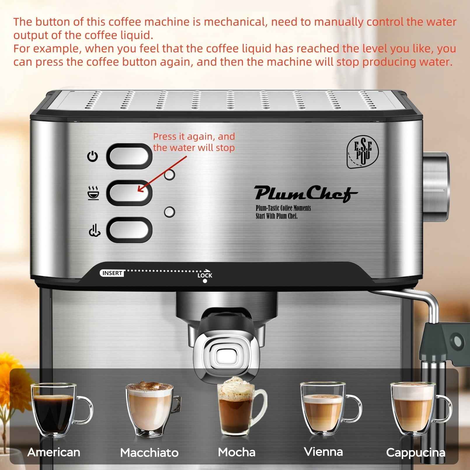 Plum Chef Espresso Machine, 20 Bar Coffee Maker with Foaming Milk Frother Wand, Espresso & Cappuccino Latte Maker Coffee Machine, 850W, 1.6L Removable Water Tank, Black&Silver