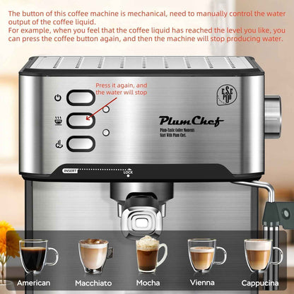 Plum Chef Espresso Machine, 20 Bar Coffee Maker with Foaming Milk Frother Wand, Espresso & Cappuccino Latte Maker Coffee Machine, 850W, 1.6L Removable Water Tank, Black&Silver