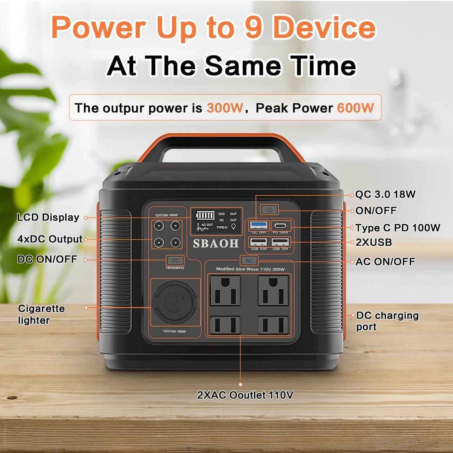 SBAOH Portable Power Station P302,296Wh Lithium Battery Generator Solar with 300W AC Outlets for Outdoor Camping RV Home
