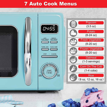 Galanz GLCMKZ11BER10 Retro Countertop Microwave Oven with Auto Cook & Reheat, Defrost, Quick Start Functions, Easy Clean with Glass Turntable, Pull Handle, 1.1 cu ft, Blue