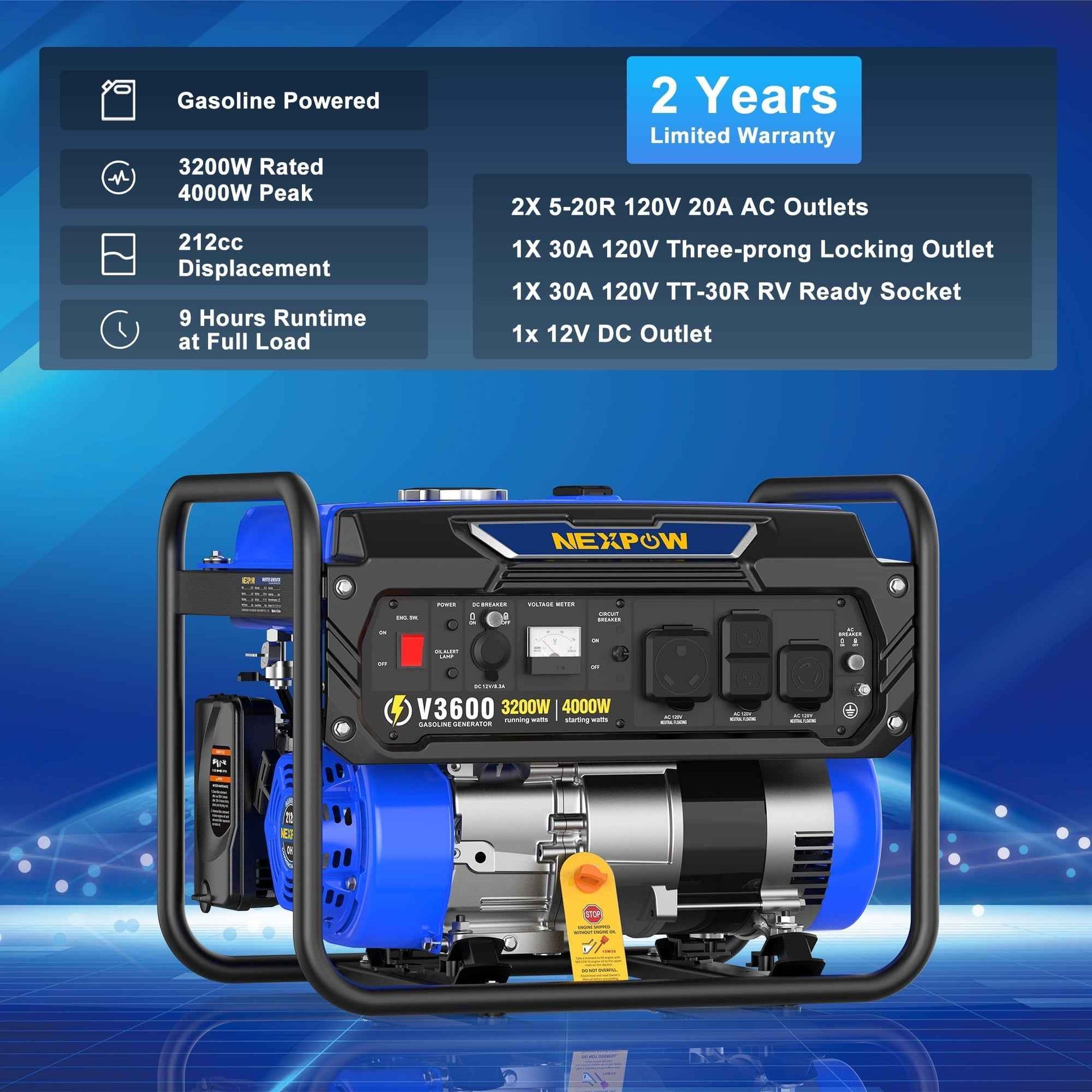 NEXPOW 4000W Portable Generator, Gasoline Powered RV Ready Generator for Backup Home & Outdoor Camping, EPA Compliant, 9H Full Load Runtime, Open Frame