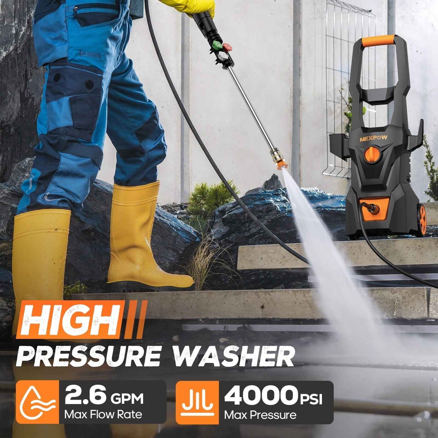 NEXPOW Electric Pressure Washer, 4000PSI Max 2.6 GPM Power Washer with 30 ft Hose, 4 Different Pressure Tips, Foam Cannon, Perfect for Cars, Patios